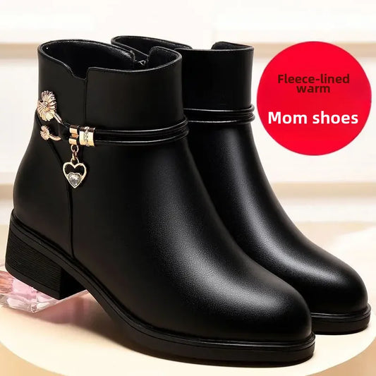 Winter Boots Women's Waterproof Warm Leather Mother Cotton Boots Fashion Black Mid Heel Plush Snow Boots Soft Sole Short Boot