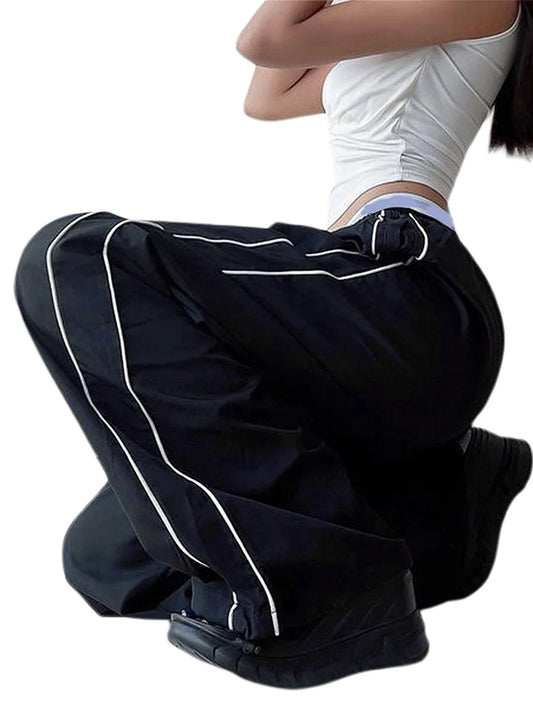 Women Loose Cargo Pants Casual y2k Solid Color Black Elastic Waist Wide Leg Joggers Trousers with Pockets for 2000s Streetwear
