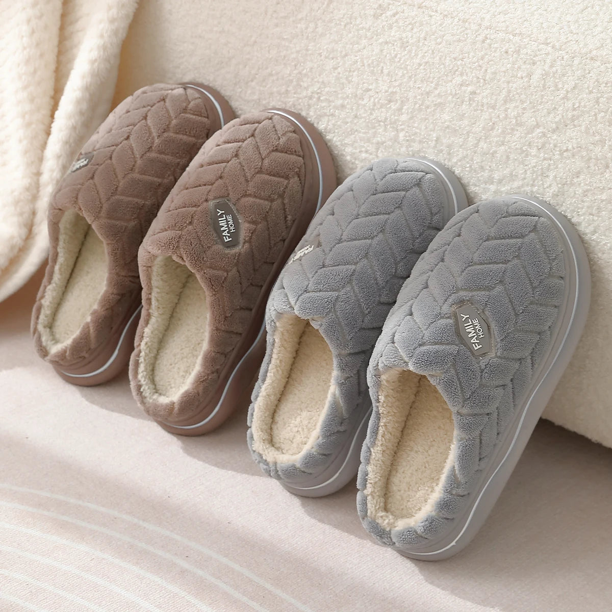 Winter Couple Style Basic Design Women Plush Slippers Non-slip Warm Thick Furry Men Home Cotton Shoes