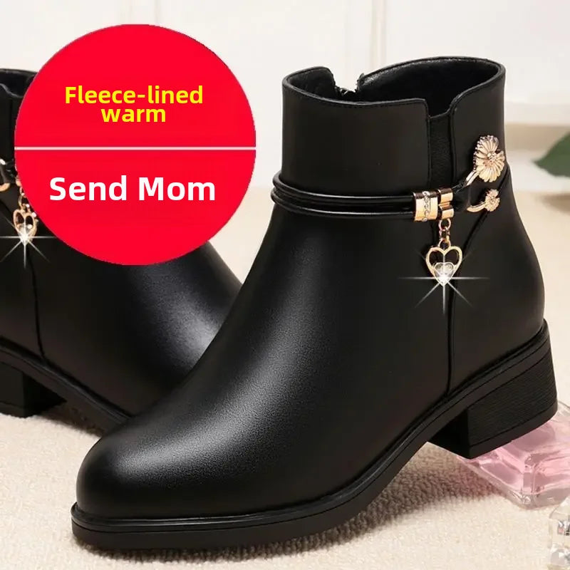 Winter Boots Women's Waterproof Warm Leather Mother Cotton Boots Fashion Black Mid Heel Plush Snow Boots Soft Sole Short Boot
