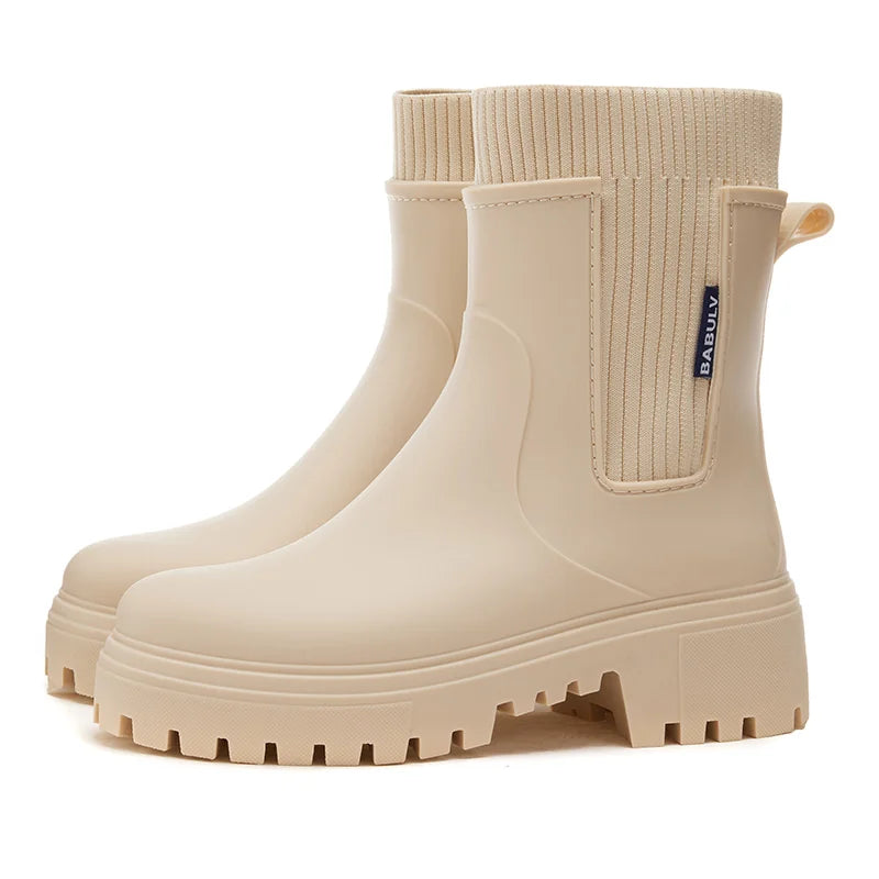 Rain boots women's four seasons fashion outdoor mid-tube waterproof non-slip rubber shoes fashion rain boots with cotton cover